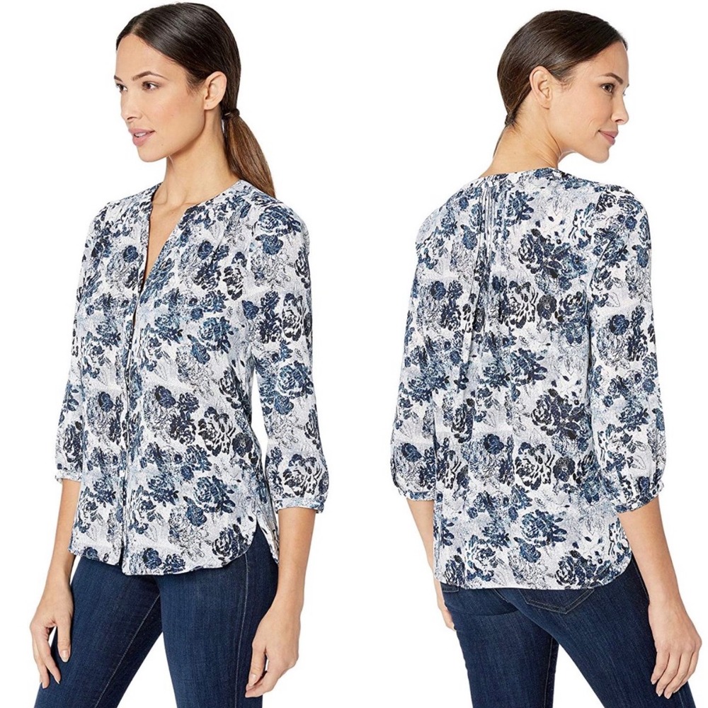 NYDJ Bay Blue Floral Pleated Back Blouse Women's M Blue 3/4 Sleeve Split Neck